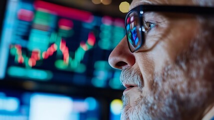 Fototapete - Close up of an elderly man's profile with glasses looking at financial data on screens in a trading environment : Generative AI
