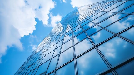 Poster - Bright and airy images of city glass buildings reflecting beautiful blue sky and white clouds : Generative AI