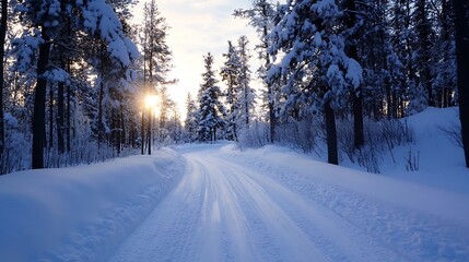 Aufkleber - Serene Winter Landscape with SnowCovered Pathway Leading Through Pine Trees at Sunrise : Generative AI