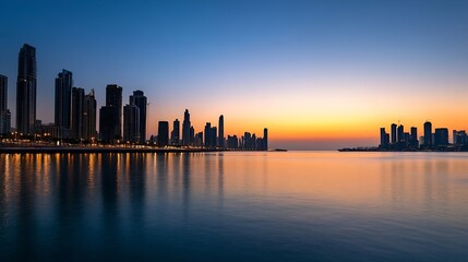 Poster - Stunning skyline view at sunset with reflections over calm water creating a serene vibe : Generative AI