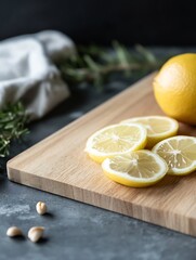 Aufkleber - Freshly sliced lemons arranged on a wooden board with natural fabric and green herbs : Generative AI