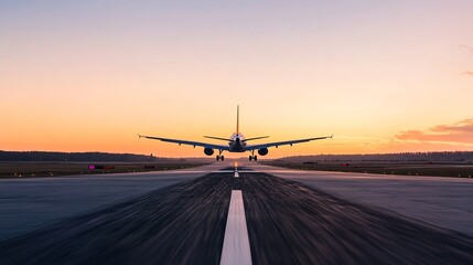 Poster - Commercial airplane taking off on a runway with colorful sunset in the background : Generative AI