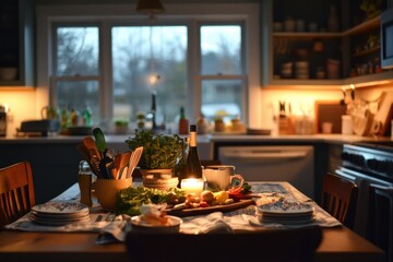 Poster - Cozy kitchen filled with warm light and fresh groceries creating an inviting family atmosphere