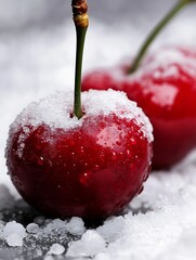 Poster - Fresh juicy cherries covered in a delicate layer of ice and snow creating a fresh winter feeling : Generative AI
