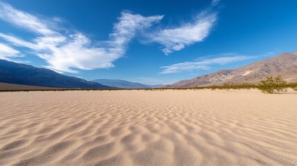 Poster - Expansive view of rippling sand dunes under a vivid blue sky with soft wispy clouds in a vast desert landscape : Generative AI
