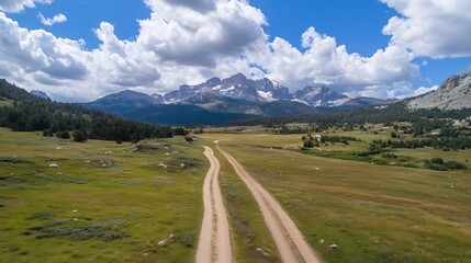 Poster - Breathtaking aerial view of a winding dirt road through lush green meadows and majestic mountains under a vibrant blue sky : Generative AI
