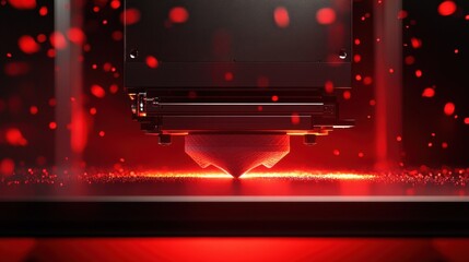 Poster - A high-speed D printer actively printing a large object on a fiery red background.