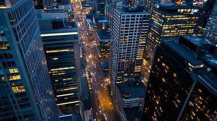 Poster - Aerial view of a bustling city street illuminated at night showcasing vibrant skyscrapers and traffic : Generative AI