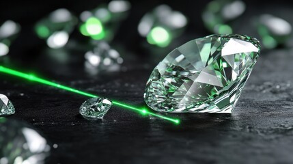Poster - A high-tech diamond-cutting machine with an illuminated laser beam, placed on a matte black backdrop.
