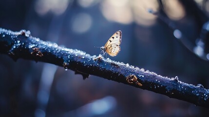 Aufkleber - Delicate butterfly resting on a dewcovered branch in a serene forest setting : Generative AI