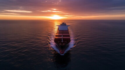 Poster - Majestic cargo ship sailing towards a colorful sunset over calm ocean waters creating a scenic backdrop : Generative AI