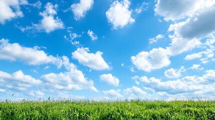 Poster - Bright blue sky with fluffy white clouds above a lush green grassy field under sunlight : Generative AI