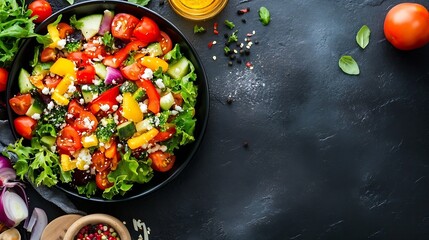 Poster - Fresh and Vibrant Vegetable Salad with Colorful Ingredients on a Dark Background : Generative AI