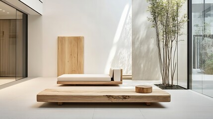Aufkleber - Elegant modern interior featuring a wooden daybed and natural decor elements creating a serene space : Generative AI