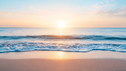 Poster - Calm Sunset Over Ocean Waves with Reflection on Sandy Beach During Golden Hour : Generative AI