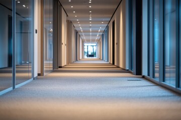 Aufkleber - Bright and spacious office corridor with modern glass partitions showcasing a clean and organized workspace