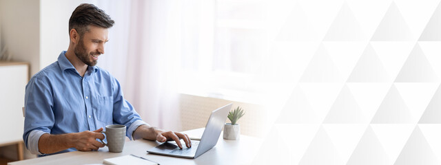 Poster - Home Office. Smiling Freelancer Man Checking Emails On Laptop And Drinking Coffee, Enjoying Working Remotely, Copy Space