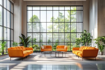 Poster - Bright and cheerful cafe interior featuring vibrant colors and modern furnishings in a cozy atmosphere during daylight hours