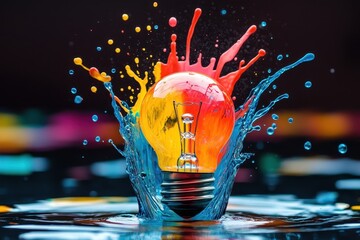 Poster - Colorful splash with a light bulb submerged in water, capturing an artistic moment of creativity and expression in a vibrant setting