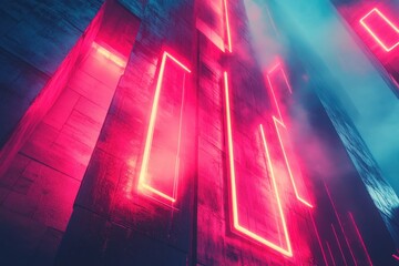 Fototapete - Colorful neon lights create an abstract pattern on a textured wall in a modern urban setting at night