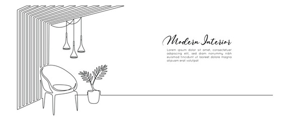 Fototapete - Modern design interior with armchair and wood panels walls in one continuous line drawing. Hygge scandinavian decor and soft furniture chair in simple linear style. Doodle contour vector illustration