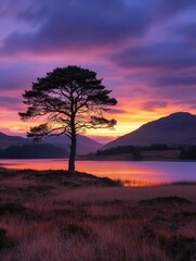 Fototapete - Dramatic sunset with a lone tree reflecting on a tranquil lake in the rural landscape