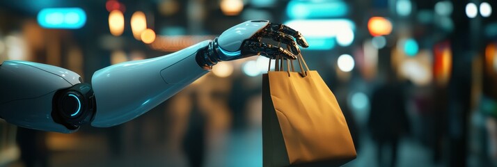 Aufkleber - Futuristic delivery robot hands over grocery bag in clean cyberpunk environment with smooth lighting and vibrant reflections