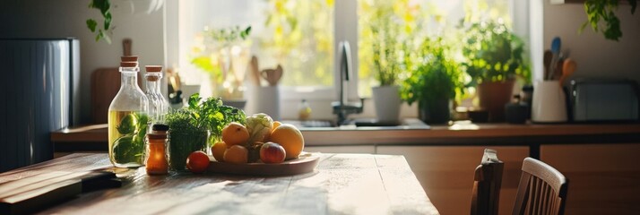 Poster - Cozy morning kitchen with fresh groceries basking in warm sunlight and a welcoming family atmosphere