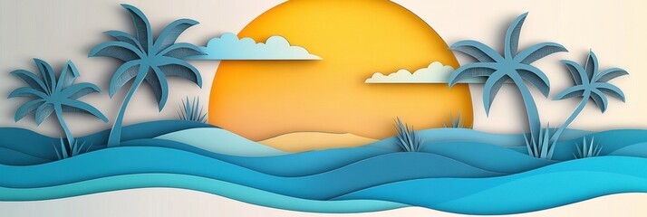 Fototapete - Dreamy tropical island landscape featuring layered paper cut art with palm trees and golden sunset at dusk