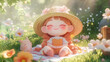 © mknisanci - Smiling Peach with Straw Hat on Picnic Blanket – Soft Floral Scene in Warm Pastel Light