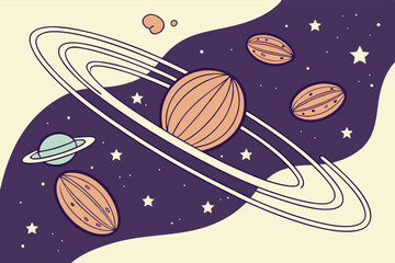 Poster - Colorful minimal vector illustration of planets and stars in a whimsical space setting with rings and design elements showcasing cosmic beauty