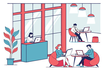 Aufkleber - Modern workspace featuring individuals engaged in remote work at a minimalistic cafe during the day