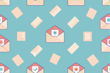 Aufkleber - Colorful vector illustration of various envelopes and stationery items in a minimal design on a blue background depicting a communication theme