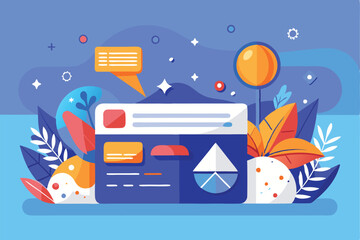 Aufkleber - Colorful minimalist vector illustration of a computer screen surrounded by vibrant plants and abstract shapes on a light background, showcasing modern digital design