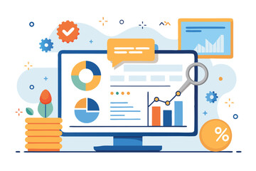 Leinwandbilder - Vector illustration of a modern workspace with data analytics on a computer monitor and charts, showcasing minimalistic design elements for an organizational setting