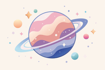 Poster - Stunning vector illustration of a colorful planet surrounded by vibrant moons and stars in a minimalistic design, set against a soft purple background