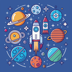 Wall Mural - Creative rocket launch vector illustration featuring planets, stars, and spacecraft in a minimal design celebrating space exploration