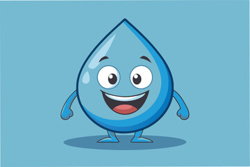 Poster - Cute vector illustration of a smiling blue water droplet character on a light blue background, expressing happiness and joy in a minimal style