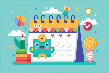 Poster - Colorful calendar illustration featuring cheerful characters and vibrant plants in a minimal vector style for engaging daily planning