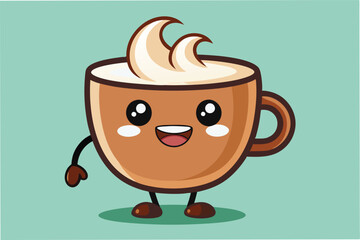 Poster - Bright and cheerful cartoon character with a smiling cup holding a whipped cream topping on a warm beige background