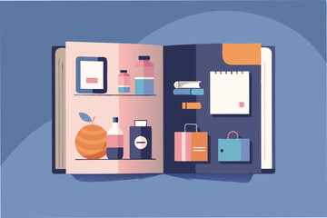Poster - Illustration of an open brochure showcasing minimal product designs in various containers on a clean, modern backdrop