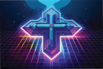 Poster - Cross illustration in minimal vector art style featuring neon colors and geometric patterns against a dark background