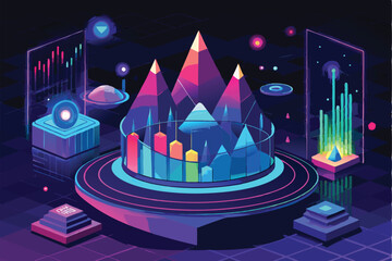 Aufkleber - Vector illustration of a futuristic cityscape with a vibrant pyramid and geometric shapes at night
