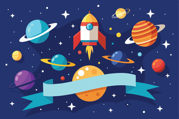 Poster - Explore the wonders of space in a minimal vector illustration featuring rockets, planets, and stars in a vibrant cosmic setting