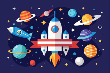 Poster - Explore the wonders of space in a minimal vector illustration featuring rockets, planets, and stars in a vibrant cosmic setting
