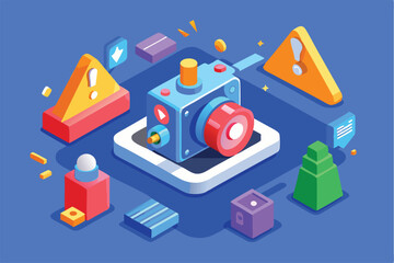 Aufkleber - Vector illustration of a bright and minimal camera surrounded by geometric shapes and warning signs on a playful purple background
