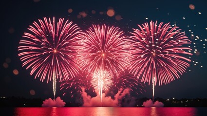 Poster - Vibrant New Year celebration banner featuring festive red fireworks against a dark night backdrop with bokeh effects.