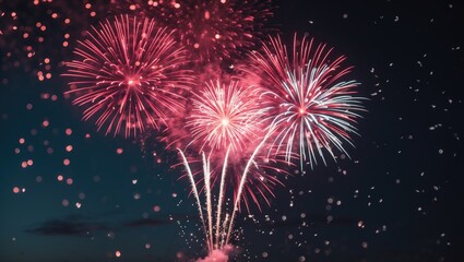 Poster - Vibrant New Year celebration banner featuring bright red fireworks against a dark nighttime background with bokeh effects.