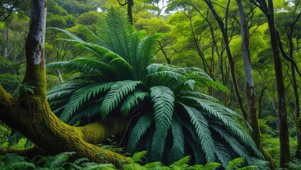 Poster - Ferns, green leafy plants depend on tall trees.