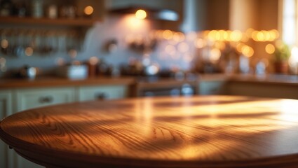 Poster - Empty wooden tabletop illuminated by bokeh lights in a blurred background.
